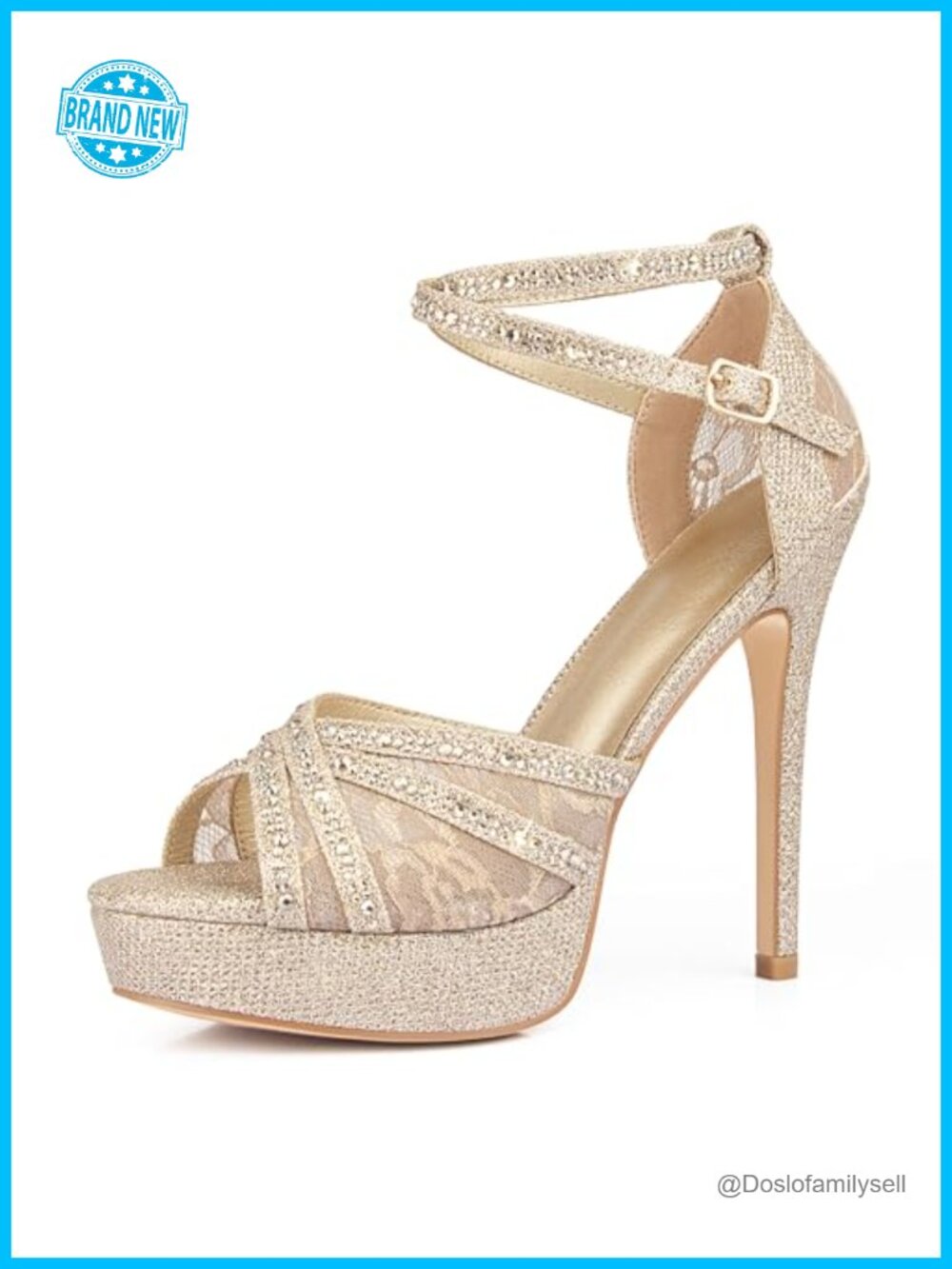 Peep Toe Platform Stiletto Heels with Rhinestones and Ankle Strap